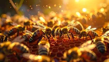 Macro shot of honeybees clustered on honeycomb cells bathed in warm sunlight, with soft focus background