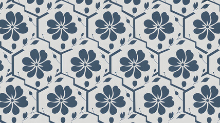 Floral and geometric seamless pattern with blue flowers and hexagons geometric pattern design| floral wallpaper |modern geometric seamless pattern