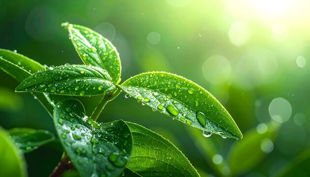 Lush green leaves glistening with water droplets, bathed in sunlight, with a blurred bokeh background. A fresh and vibrant natural scene