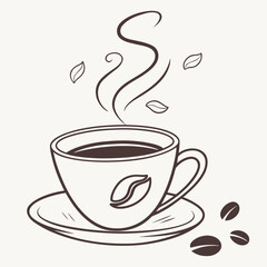 Coffee Cup with Steam and Leaves, Coffee Beans and Bean Icon hot drink beverage