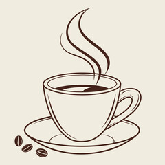 Steaming Cup of Coffee with Coffee Beans and Saucer Line Art hot drink beverage