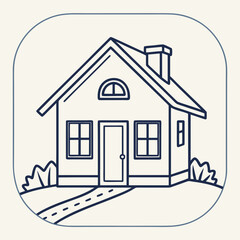 Stylized House Icon with Path and Bushes in a Rounded Square Frame home building