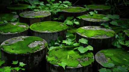Green Moss and Ivy Covered Log Stumps in a Serene Forest Environment with Natural Light and Vibrant Textures