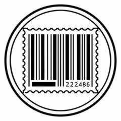 Barcode within a circular stamp design with numbers postage label