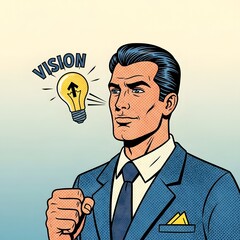 Pop art illustration of a confident businessman with a glowing lightbulb vision, symbolizing a successful idea and leadership