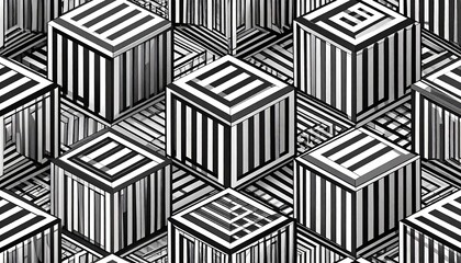 Interlocking monochrome cubes, arranged geometrically, create an illusionary depth with striped patterns