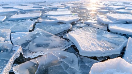 Ice Fragments on Water Surface Glimmering Under Bright Sunlight in a Cold Winter Landscape