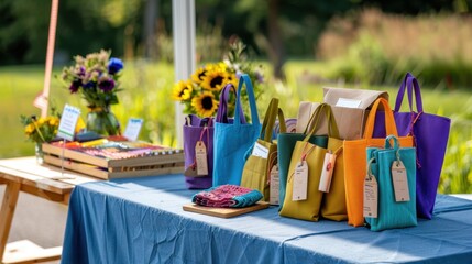 Colorful Display of Handmade Tote Bags and Craft Supplies at Outdoor Market