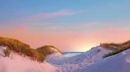 Serene Sunset Over Sandy Dunes with Soft Grass and Gentle Waves in Tranquil Coastal Landscape
