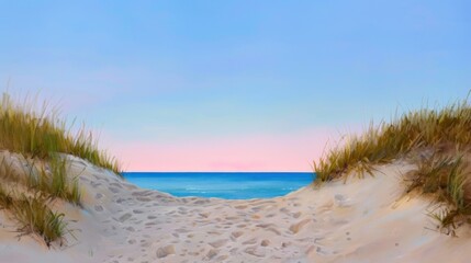 Scenic Coastal Pathway Between Sandy Dunes Leading to Calm Ocean Under Soft Pastel Sky at Dusk