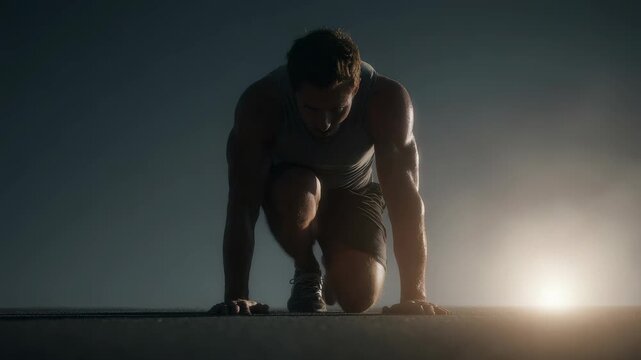Muscular male athlete crouches at the starting line, ready to launch into a powerful sprint as the sun rises. The scene captures energy, ambition, and the pursuit of peak physical performance