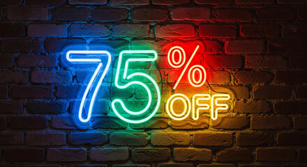Vibrant neon sign advertising a 75% off sale, perfect for retail promotions and marketing campaigns against a brick wall