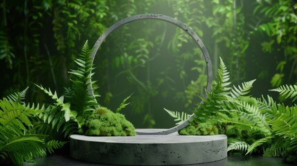 Circular Display with Lush Greenery and Ferns on a Stone Platform in a Serene Natural Setting