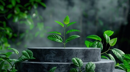Green Plant Growing on Stone Platform Surrounded by Lush Greenery in a Misty Environment