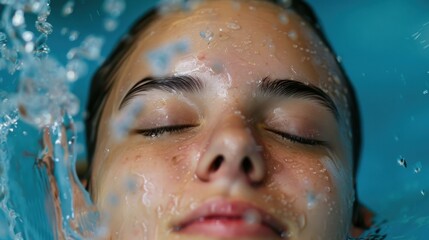 Serene Portrait of a Woman Relaxing Under Water with Soft Light and Gentle Water Bubbles Creating a Peaceful Atmosphere