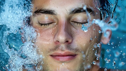 Relaxed young man submerged in tranquil water with soothing bubbles around his peaceful face