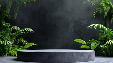 Lush Greenery Surrounds Minimalist Round Stage in Mysterious Dark Background Perfect for Presentations or Displays