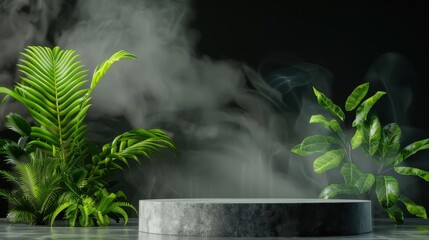 Lush Greenery and Foggy Atmosphere with Circular Platform for Creative Background Design