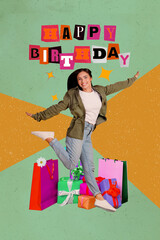 Zine vertical image photo art collage of happy girl guy receive birthday present gift box packages...