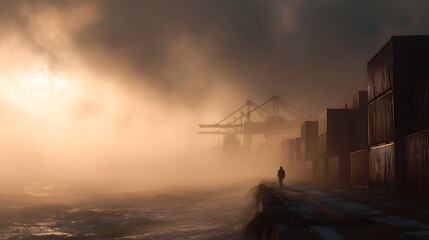 A solitary figure walks along a misty golden lit industrial port with stacked containers and dock cranes