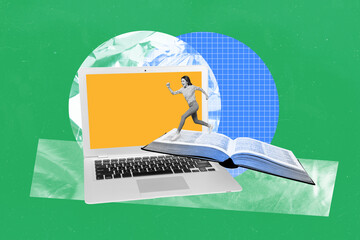 3d pop zine sketch artwork collage of happy schoolgirl run laptop device open book encyclopedia e-learning education bookworm