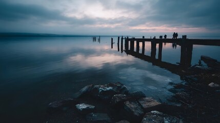 Obraz premium Atmospheric twilight scene over a calm lake with a wooden pier and silhouetted figures