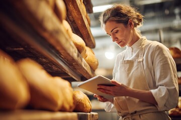 Baker woman in white clean chef uniform use tablet computer for control quality standing in front of bread display counter at the bakery factory. Banner modern foodstuff industry. Food technologist