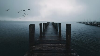 Fototapeta premium Weathered wooden pier on a misty lake with flying seagulls and distant marina