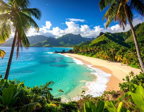 Lush tropical coastal landscape, pristine white sand beach, turquoise water, palm trees, mountain range under bright blue sky