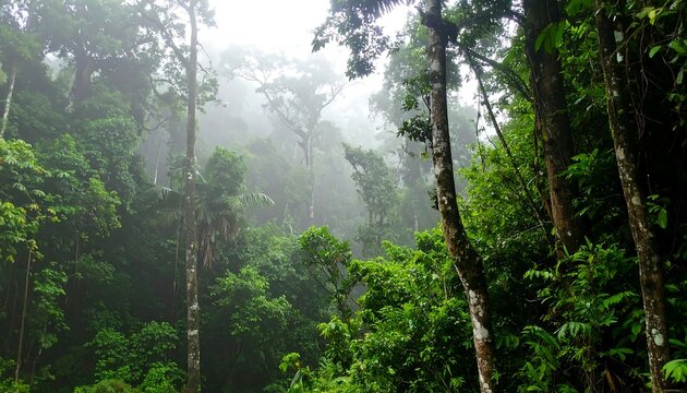 Lush tropical forest scene showcasing dense, green foliage, tall trees, and a misty atmosphere suggesting high humidity and natural beauty