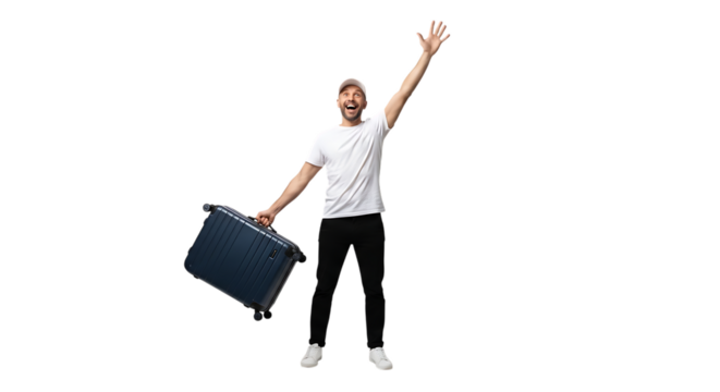 Man in white t shirt holding a briefcase reaching up isolated on transparent background
