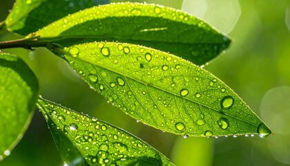 Macro shot of vibrant green leaves glistening with water droplets, showcasing nature's intricate details and illuminated by sunlight