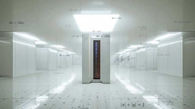 Minimalist futuristic layout visualizing science, logic, and computation