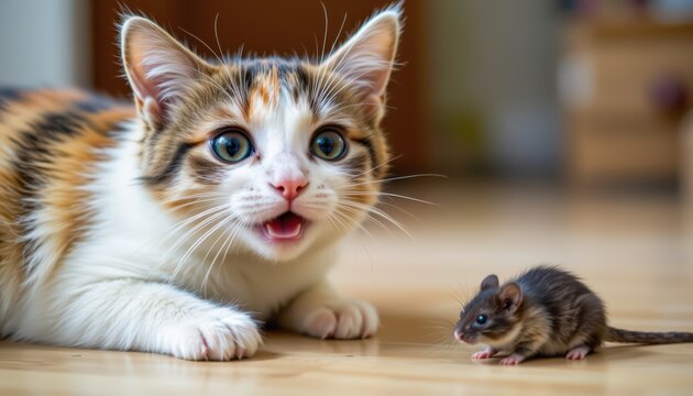 Surprised Kitten Confronting a Mouse: A Playful Encounter in Natural Light, Ideal for Copy Space