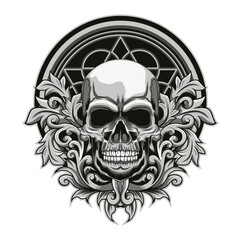 Gothic Skull Emblem: A monochrome skull emblem, exuding an aura of mystery, is framed by intricate gothic details