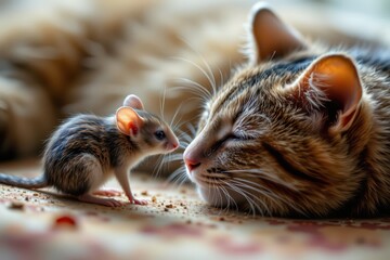 Obraz premium A daring mouse examines a sleeping cat in a suspenseful scene, captured with shallow depth of field for a dramatic and intimate feel.