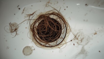 Hair and debris clogging bathroom sink drain on white surface  