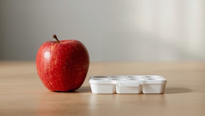 Fresh red apple placed next to a white ice cube tray on table  