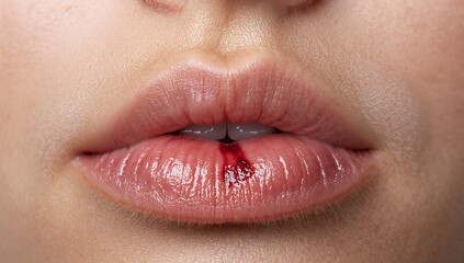 Close-up of woman's lips with minor cut and glossy finish  