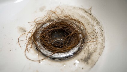 Hair nest in bathroom sink drain with dirt and grime  