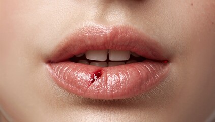 Close-up of woman's lips with a small cut and slight bleeding  