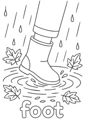 coloring book foot splashing in rain puddle wearing boots