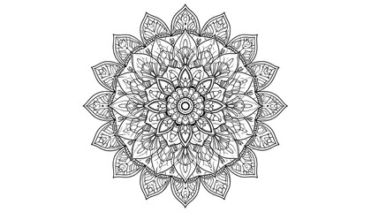 Intricate black and white circular design with radial symmetry. Complex floral patterns emanate outwards. A calming, detailed art piece