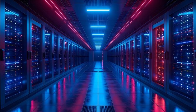 Interior view of a futuristic, high-tech server room bathed in neon red and blue lighting, creating a vibrant, data-driven ambiance