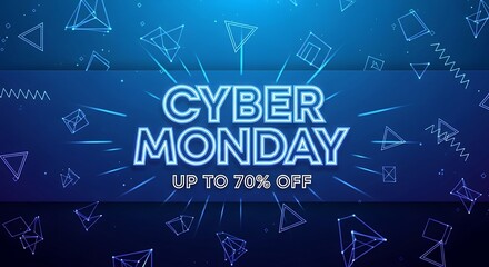 Cyber monday sale promotion banner with geometric shapes on blue background