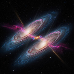 Two spiral galaxies connected by glowing cosmic bridge in deep space, vibrant colors and bright stars create stunning celestial scene full of cosmic energy and mystery