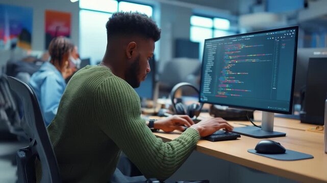 Product designer focused in a modern open‑plan studio, typing at a desktop workstation with a code editor on a wide monitor, refining interface prototypes and front‑end assets