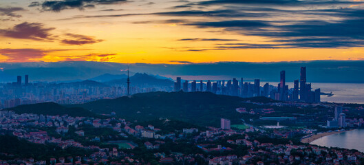 Cityscape at dawn in Qingdao, China
