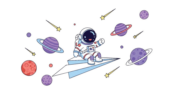 Astronaut riding a paper airplane through space with planets, stars, and meteors in a colorful, cartoonish illustration with a playful and adventurous mood.