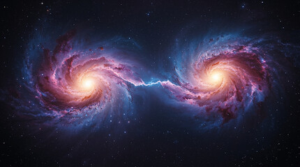 Two spiral galaxies connected by luminous bridge in deep space, glowing with vibrant purple and blue hues, surrounded by countless stars in dark universe, creating stunning cosmic scene